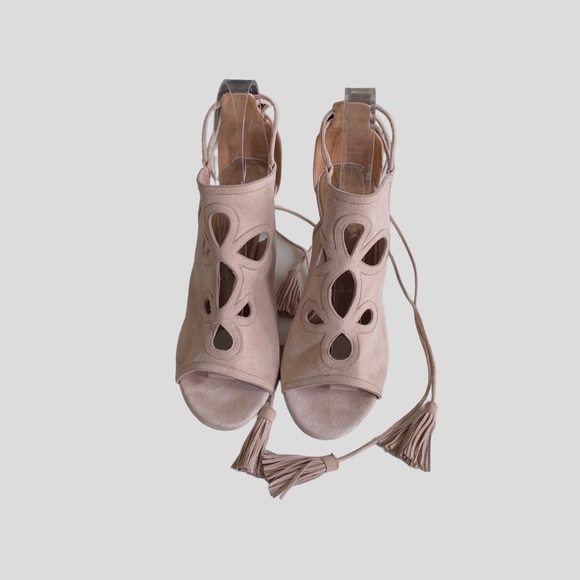 AQUAZURRA FIRENZE NEUTRAL LEATHER TUSSLE HEELED SANDALS - Picture 9 of 16